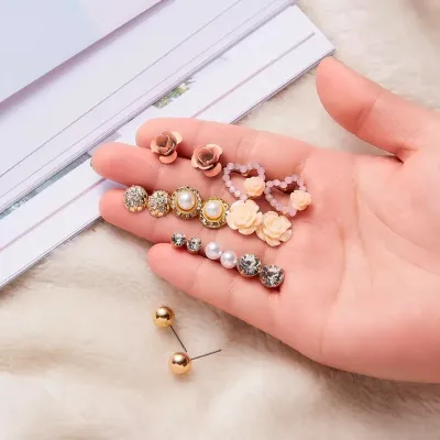 9 Pairs Crystal Pearl Flower Stud Earring Set